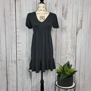June & Ivy Grey Shabby Chic V Neck Drop Waist Short Sleeve Summer Sun Dress